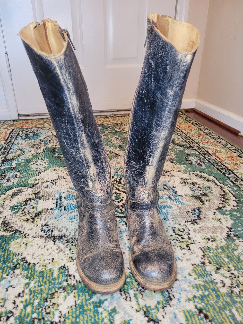 Bed Stu‎ Glaye Black Lux Distressed Leather Tall Riding Boots, Size Womens 8.5